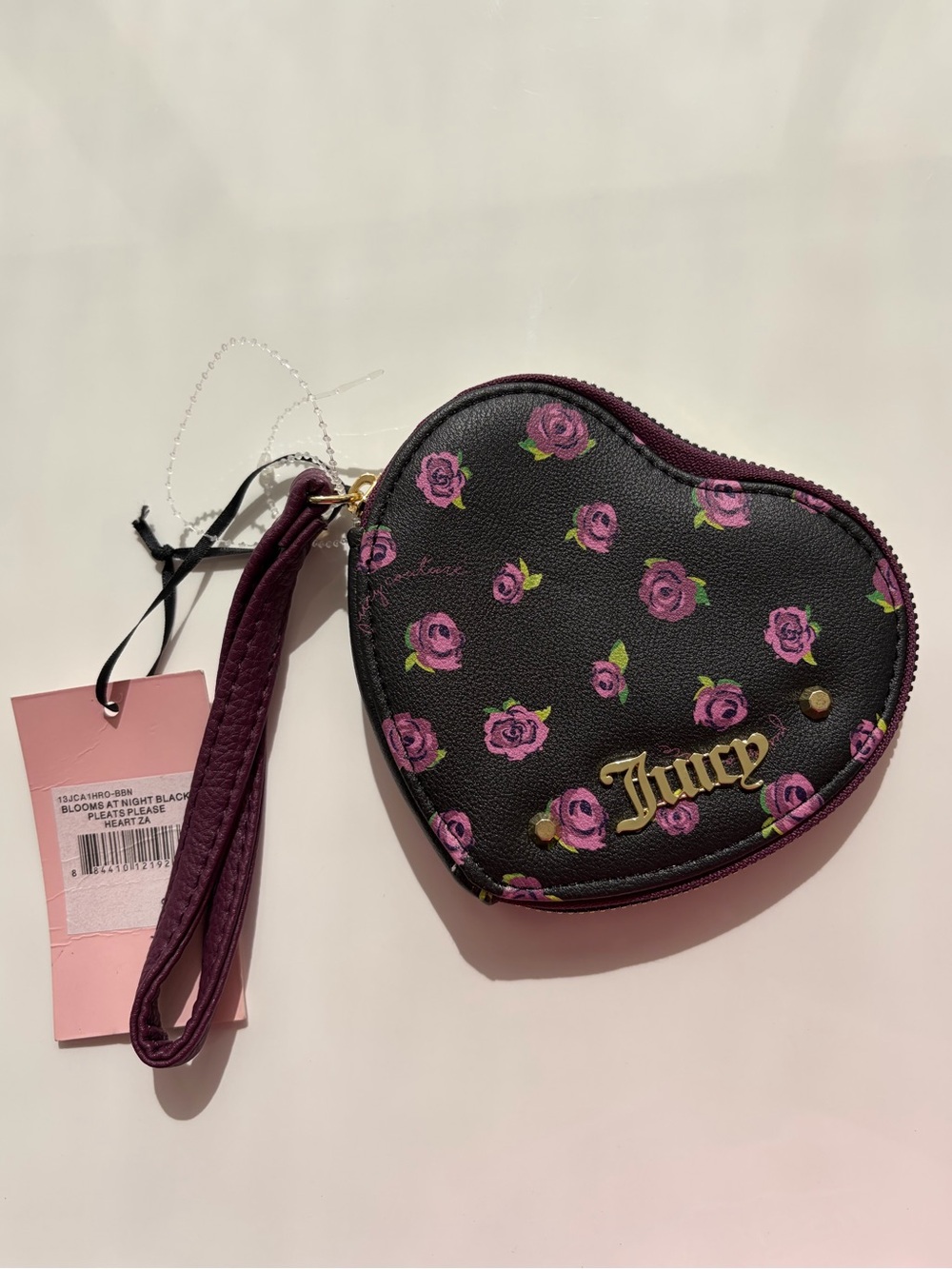 Juicy Couture Heart Floral Wristlet - Black with Purple Roses
